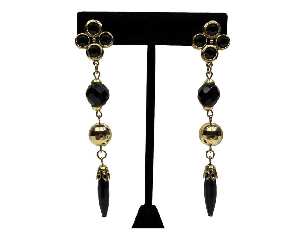 Elegant Black & Gold Tone Beaded Dangle Drop Earrings Fashion Jewelry 3"